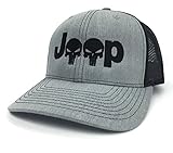 Jeep Logo With Punisher Skull Symbol Embroidered Mesh/Twill Cap (Heather Grey/Black)
