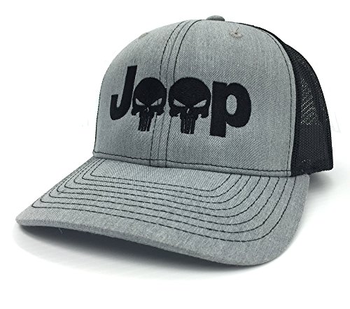 Jeep Logo With Punisher Skull Symbol Embroidered Mesh/Twill Cap (Heather Grey/Black)
