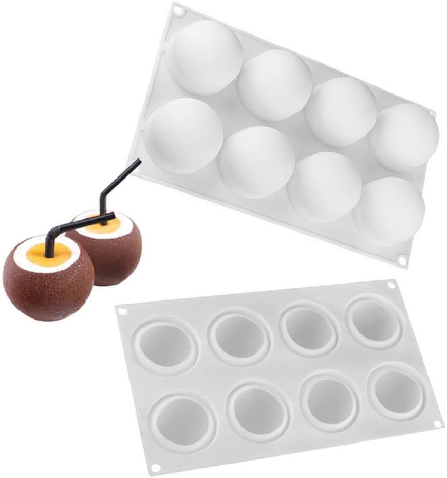 Uhat Silicone Mold 3D Heart High Circle Ball Double Layer Cherry Shape Bakeware Mold Chocolate Soap Cake Dessert (8 Cavity High Circle Ball Shape)