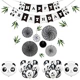 Kids Birthday Party Decoration - Panda Party Supplies, Party Decoration Set including a Panda Happy Birthday Banner, 20 Letax Balloons in Black and White with Panda Pattern, 2 Panda Shaped Balloons, 7 Paper Fans in Pandas' Color, 8 Bamboo Leaves, Perfect for Kids Birthday Party