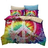Suncloris,Hippie Psychedelic Tie-Dyed Backdrop Peace Sign,Bedding Boys Girls Watercolor Colorful Art Duvet Cover Set (Twin)