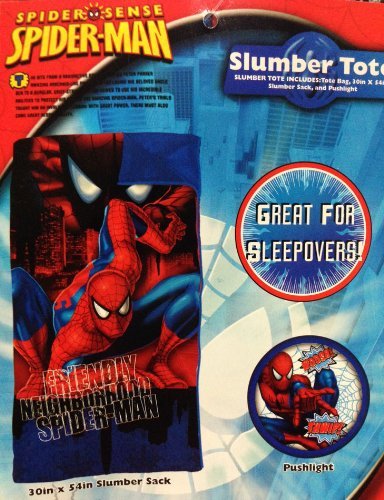 Idea Nuova Marvel Spiderman 3 Piece Slumber Tote Set with Sleeping Bag, Push Light and Reusable Tote Bag