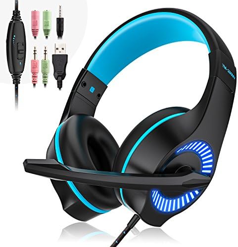 Gaming Headset, 3.5mm Wired Game Headphone Earphone with Mic Surround Stereo Bass,Noise Reduction, LED Light, for PS4 New Xbox One Nintendo Switch PC Computer Laptop Mobile Phones (Blue)