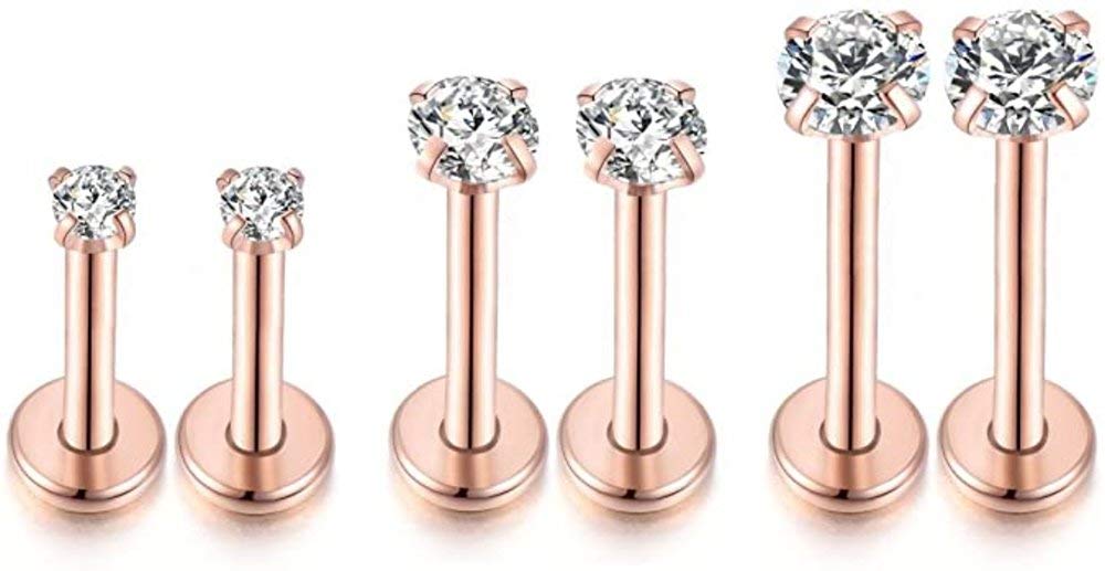 IMINI 3Pairs 16G Cartilage Helix Tragus Nose Stud Earrings CZ Crystal Body Piercing Barbell Monroe Rings 2/3/4mm Rose Gold