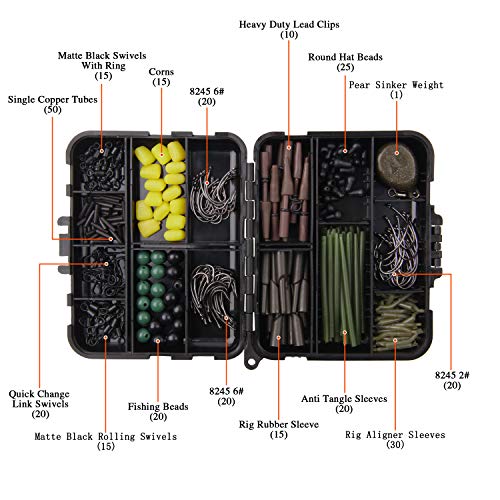 Shaddock 296 TLG Karpfen Angelzubehör Set mit Wirbel Perlen Karpfenhaken Anti-Tangle-Ärmeln Clips Hühneraugen Aligner… – Bild 4