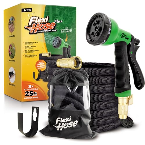 Flexi Hose PLUS with 8 Function Nozzle Expandable Garden Hose, Lightweight & No-Kink Flexible Garden Hose, 3/4 inch Solid Brass Fittings and Double Latex Core, 25 ft Black by Flexi Hose - Used condition - US$32.32