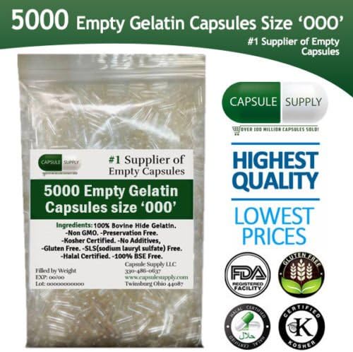5000 BULK/WHOLESALE EMPTY GELATIN GEL CAPSULES (PILLS) SIZE 000 Fits (800-1200mg) (5000)