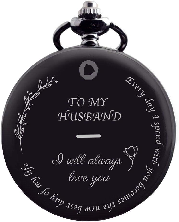Abundio StorePocket Watch - Engraved 'To My Husband' - Perfect Anniversary/Birthday Gift From Wife to Husband - Vintage Style Pocket Watch Necklace Chain Quartz With Exclusive Box