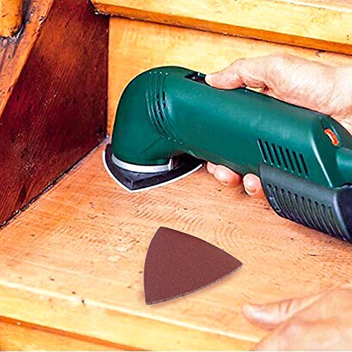Coceca 100pcs Triangular Hook and Loop Multitool Sandpaper for Wood Sanding Fit 3-1 8 Inch Oscillating Multi Tool Sanding Pad