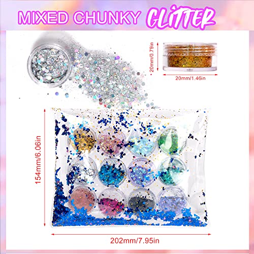 Body Glitter Chunky,Holographic Shimmer Glitter for Face Hair Eye Nail , Resin Glitters Makeup for Festival Carnival Dance Party 12 Colors (120g or 4.23oz) (multicolor-12pack)