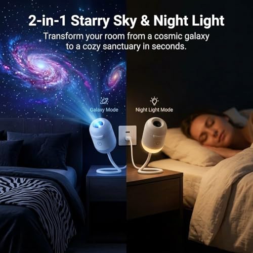 Galaxy Star Projector, 2-in-1 Night Light with 12 Pattern Films, USB Powered, Dimmable, 360° Adjustable, for Bedroom Ceiling Decor