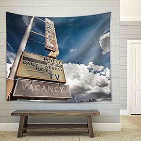 Old Motel Sign on Route 66, USA - Fabric Wall Tapestry Home Decor - 51x60 inches