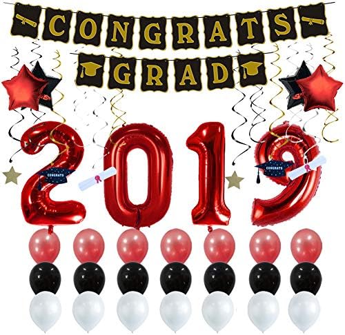 Graduation Party Supplies 2019 Graduation Party Decorations Graduation Banner Congratulations Banner Hang Swirls and Black & Red 2019 Balloons