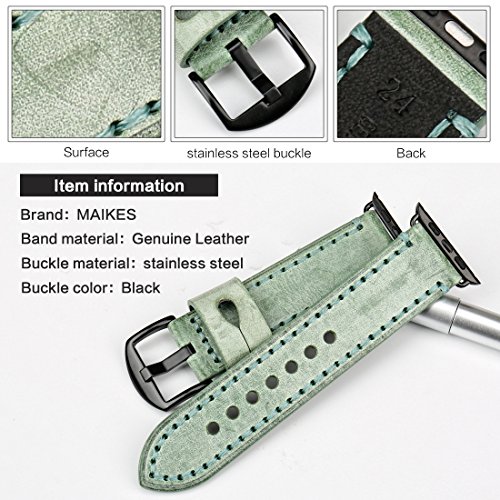 MAIKES Bridle Leather Watch Band Replacement for Apple Watch 44mm 40mm 42mm 38mm Series 4 3 2 1 iWatch Watchbands Compatible with Apple Watch Strap (38mm, Green+Black Buckle) - Thumbnail 2