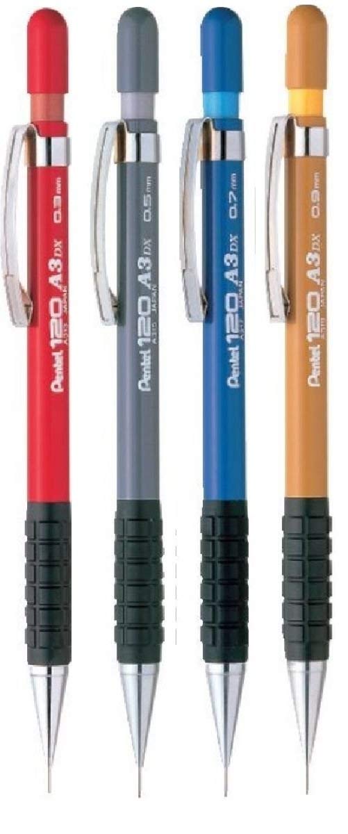 Pentel Assorted Size Pack 120 DX Automatic Mechanical Pencil Refillable Lead Capped Metal Clip Rubber Grip (1 Of Each Size - 4 Pens - 0.3mm, 0.5mm, 0.7mm, 0.9mm)