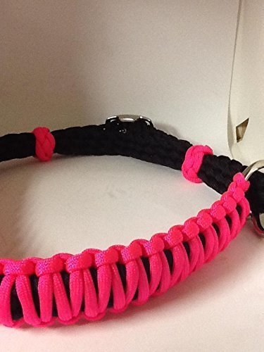 side pull hacakamore with a whoa bitless bridle attachment hot pink and black