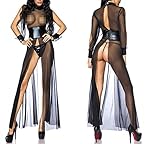 Sexy Long Nightgown Lingerie for Women Black Mesh Leather Transparent Nightdress