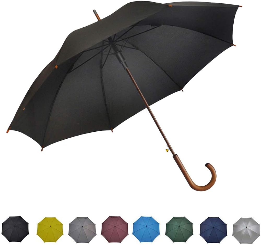 SoulRain Stick Umbrella Automatic Open Curved Wooden Hook Handle Rain Black