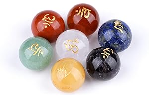 TGS Gems 7pcs Chakra Sphere Crystal Stones Natural Reiki Healing Crystals Gemstones with Engraved Chakra Symbol Chakra Stone Kit for Meditation Crystal