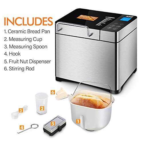 KBS Automatic Bread Machine, 2LB Stainless Steel Bread Maker with Fruit Nut Dispenser, Ceramic