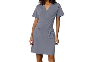 BWAYDEG Scrubs for Women Short Sleeve Nurse Working Uniform V Neck Wrap Dress with Pocket Nursing Scrubs Holiday Workwear
