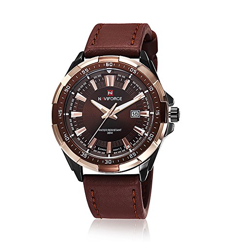 NAVIFORCE Men's Military Analog Leather Strap 30M Waterproof Sport Wrist Watch