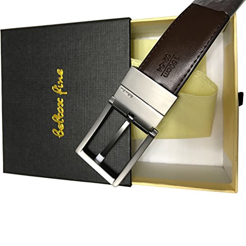 Beltox Fine Men's Dress Belt Leather Reversible 1.25" Wide Rotated Buckle Gift Box, Black/Brown, 40-44 in. (120cm)