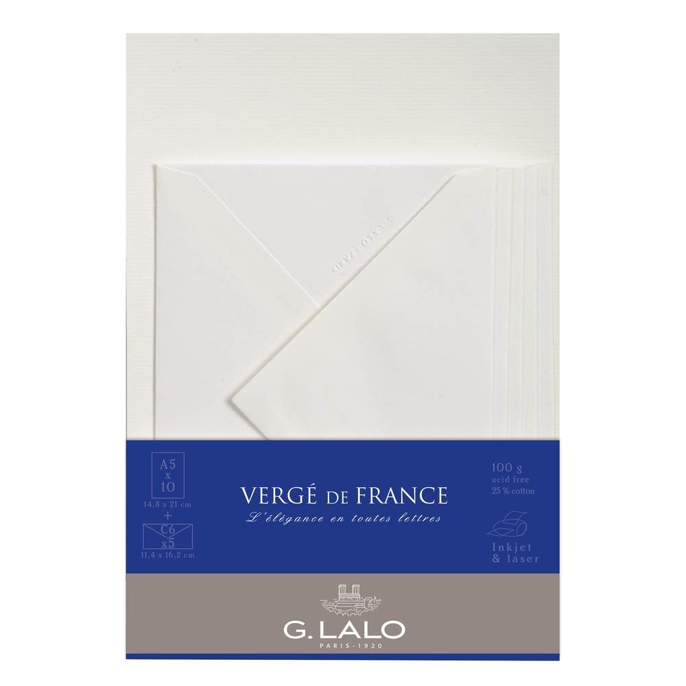 Lalo 61400L - Verge De France Correspondence set including 10 A5 100g sheets and 5 gummed lined envelopes C6 11.4x16.2 cm, Laid Paper from France, White