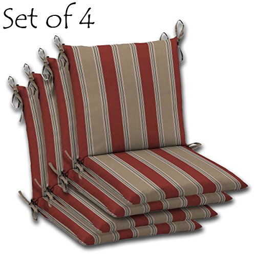 SET OF 4 Mid Back Outdoor Chair Cushion Dining 36"x20"x3". Seat
dimensions: 17"D x 20"W x 3"H; Back dimensions: 19"D x 20"W x 3"H
Polyester fabric Chili Stripe by Comfort Classics Inc.
