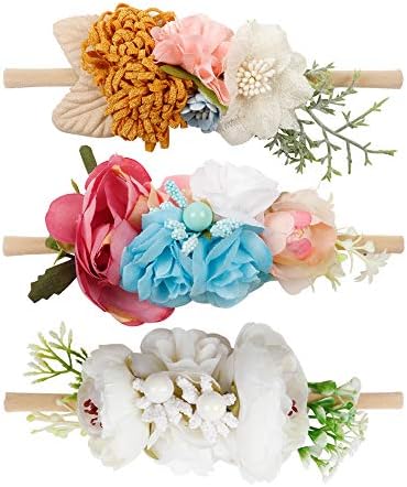 Ncmama Baby Girls Floral Headbands Nylon Elastic Floral Hair Band For Newborn Infant Toddler Pack of 3