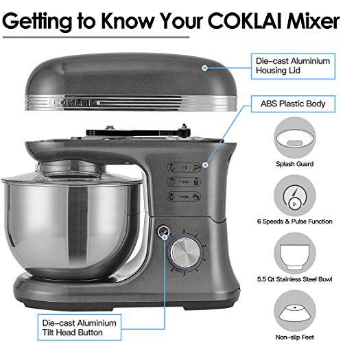 COKLAI 6-Speed Stand Mixer - 5.5Qt Stainless Steel Bowl, Tilt-Head Design With Dough Hook, Beater & Whisk - View #11