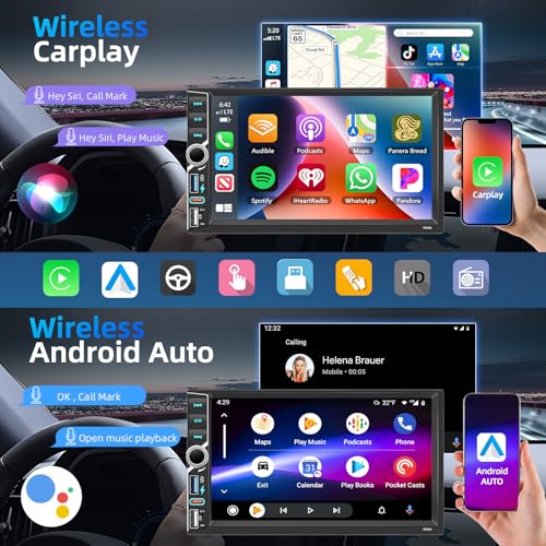 Motorsi 4+64G 2Din 7 Inch Car Radio with Wireless A-pple Carplay/Android Auto, Android Screen with GPS/Bluetooth/Mirror Link/SWC/FM/RDS/WiFi Support Rear Camera