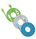 10ft Braided Flat Noodle Lightning Cables for iPhone 6s, 6 Plus (grn wte blu)