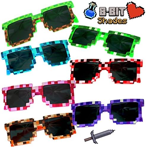 (8 Pack) Retro 8-Bit Pixel Pixelated Novelty Geek Gamer Miner Multi-Colored Shades Sunglasses - Great in Birthday Party Candy Favors Fillers Goody Loot Bags