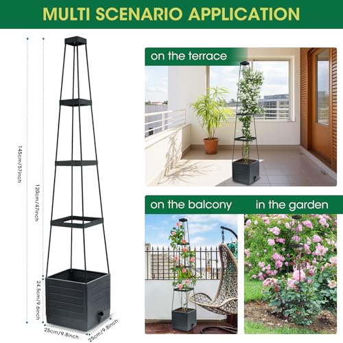 MYMULIKE 2 Pack Raised Garden Bed Planter Box with Trellis, 58” Tomato Cage Planter Raised Garden Bed with Trellis for Climbing Vegetables Plants Tomato Cage w/Self-Watering, Indoor Outdoor Use