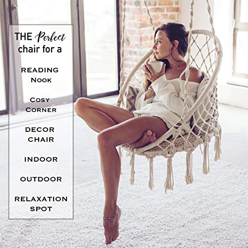 Nooksta Macrame Hanging Chair Swing Chairs Included Cushion & Hanging KIT for Indoor Outdoor, Hammock Stand, Ceiling or Tree Swing. Blue Vine Cushion - Thumbnail 2