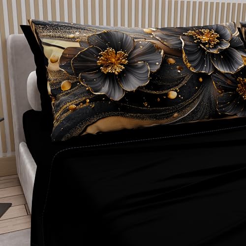 PETTI ARTIGIANI ITALIANI - Sábanas de algodón con Fundas de Almohada con Digital, sábanas Individuales, Juego de Cama Individual, Floral Negro de 22 Pulgadas, 100% Fabricado en Italia.