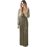 Kranda Womens Vintage Floral Lace Long Sleeve Faux Wrap V Neck Party Long Maxi Dress