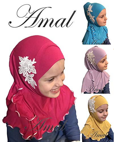Children Girls Kid Muslim Hijab Islamic Scarf Headwear for 2-12 Years Cotton USA (Turquoise & White) - Thumbnail 5