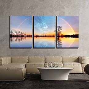 3 Piece Canvas Wall Art - Tree and Sun on Lake Sunrise - Modern Home Art Stretched and Framed Ready to Hang - 16"x24"x3 Panels