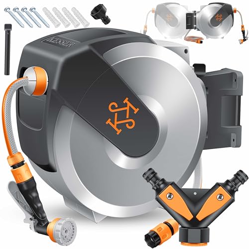 KESSER® Schlauchtrommel mit Gartenschlauch 15m | Wasserschlauchtrommel zur Wandmontage | Wandhalterung | 180° schwenkbar & automatische Aufrollung | W