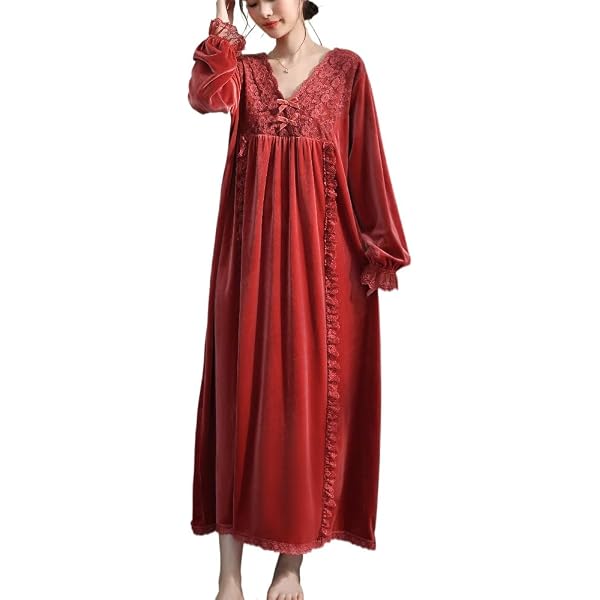 Women's Flannel Vintage Nightgown - Long Sleeve Warm Ankle-Length Sleep Dress With Lace Trim, Burgundy, Medium