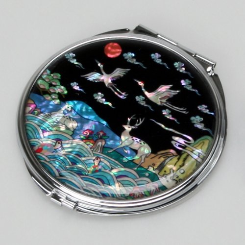 Mother of Pearl Longevity Animal Design Double Compact Cosmetic Makeup Metal Round Mirror, 3.2 Ounce