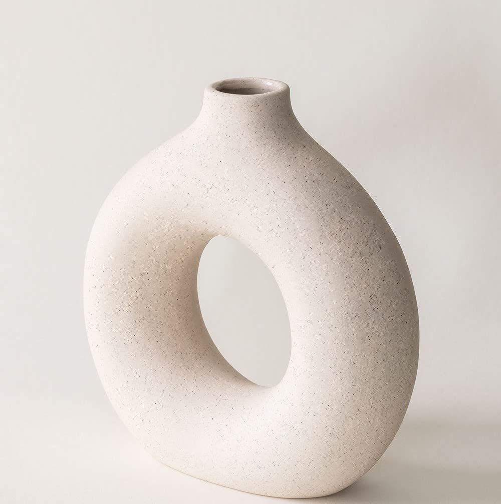 RyddeligHome Small White Donut Ceramic Mini Vase Ornaments, Pampas Grass Table Decoration Centrepiece, Living Room and Bedroom Accessories