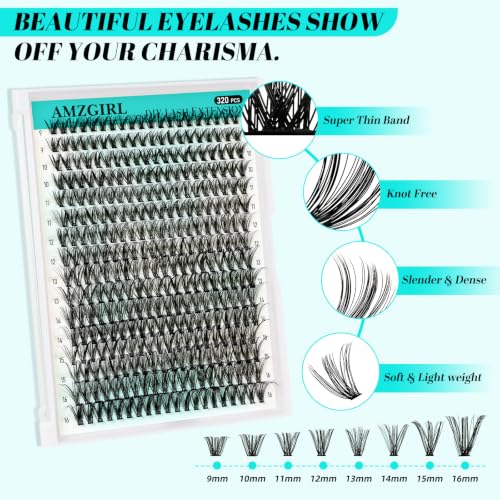 AMZGIRL Cluster Lashes Kit,40D Lash Clusters D Curl 9-16mm,320pcs Lashes | Complete DIY lash kit with 320 soft-volume 40D D curl clusters, bond & seal, remover and tweezers for balanced everyday looks