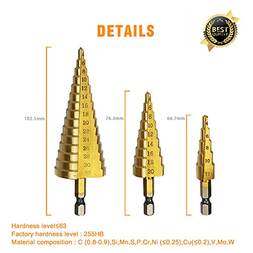 Xilko 3Pcs High-Speed Steel Step Drill Bit Set Power Tools Cone Titanium Coated Metal Hole Cutter 1/4" Hex Shank Drive Quick Change 4-12mm/4-20mm/4-32mm