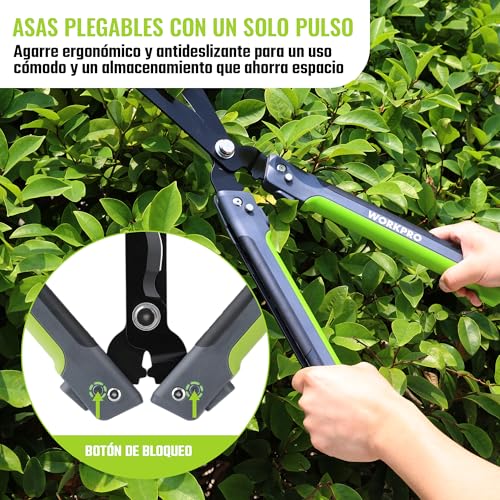 WORKPRO 23 Inch Folding and Ergonomic Hedge Shears for 2 Hands | 65Mn Steel, Wavy Blade, 14° Edge Design, Non-Slip Handle, Ideal for Cutting Hedges, Branches and Gardening