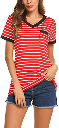 Queensheero Womens Casual Striped Shirt V Neck Short Sleeve Trimmed T-shirt Top Blouse with Pocket