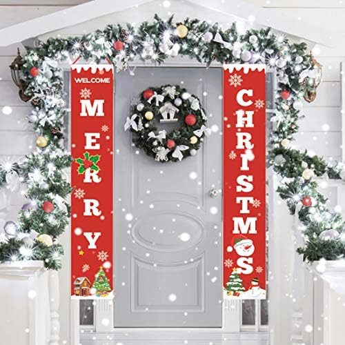 OTSUN Christmas Porch Sign Merry Christmas Hanging Banner for Welcome Christmas Decoration Outdoor Indoor Red Xmas Decor Banners for Home Wall Holiday Party Decor