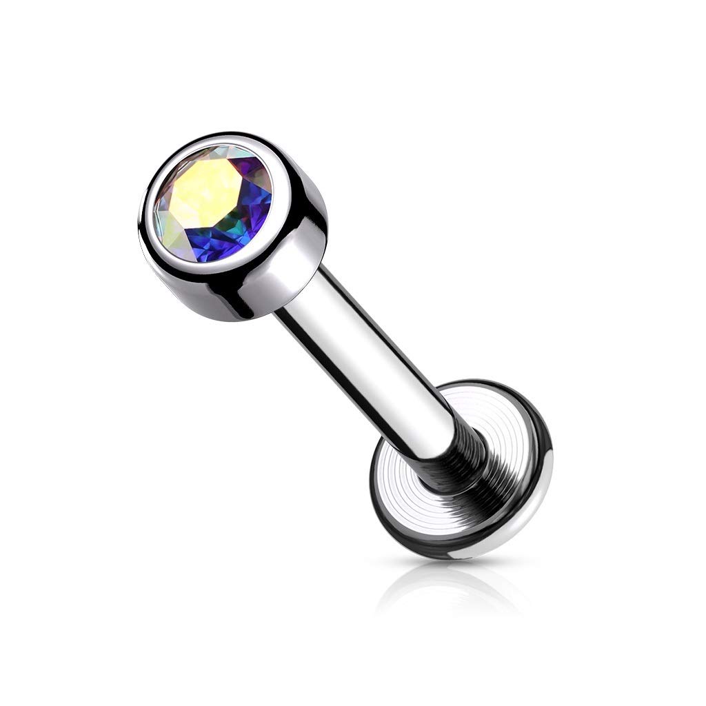PiercedOff Titanium Labret with Internally Threaded Bezel Set Round Aurora Borealis CZ Gem - Thickness 16GA (1.2mm) / Length 8mm / Ball Size 3mm